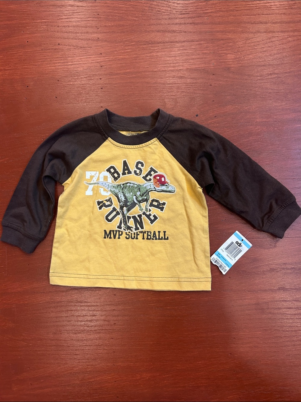 greendog Yellow and Brown Raglan Dino 'Base Runner' Long Sleeve Tee